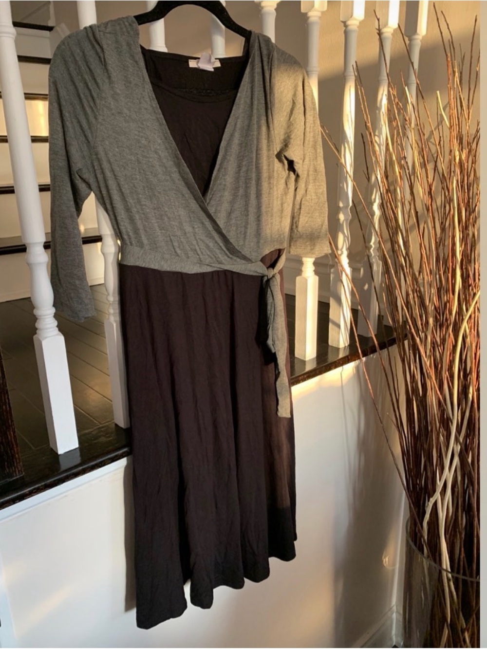 Cozy Casual Grey and Black Long Sleeve Wrap Dress